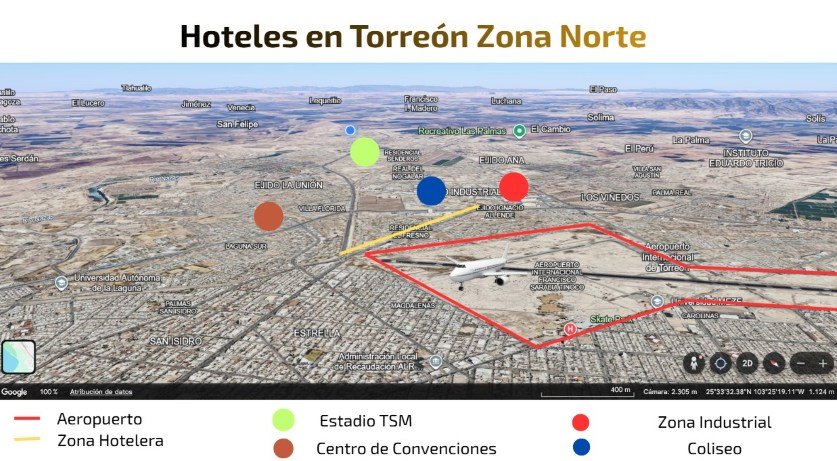 Hoteles en Torreón Zona Norte mapa de la ciudad mostrando la ubicación de los lugares de interés para el turismo